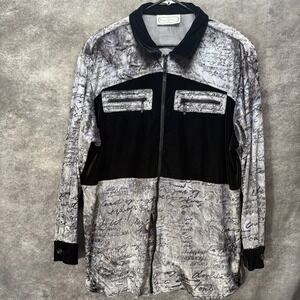 Saint Germain Paris Vintage Script Print Velvet Track Jacket Silver Black Sz XL